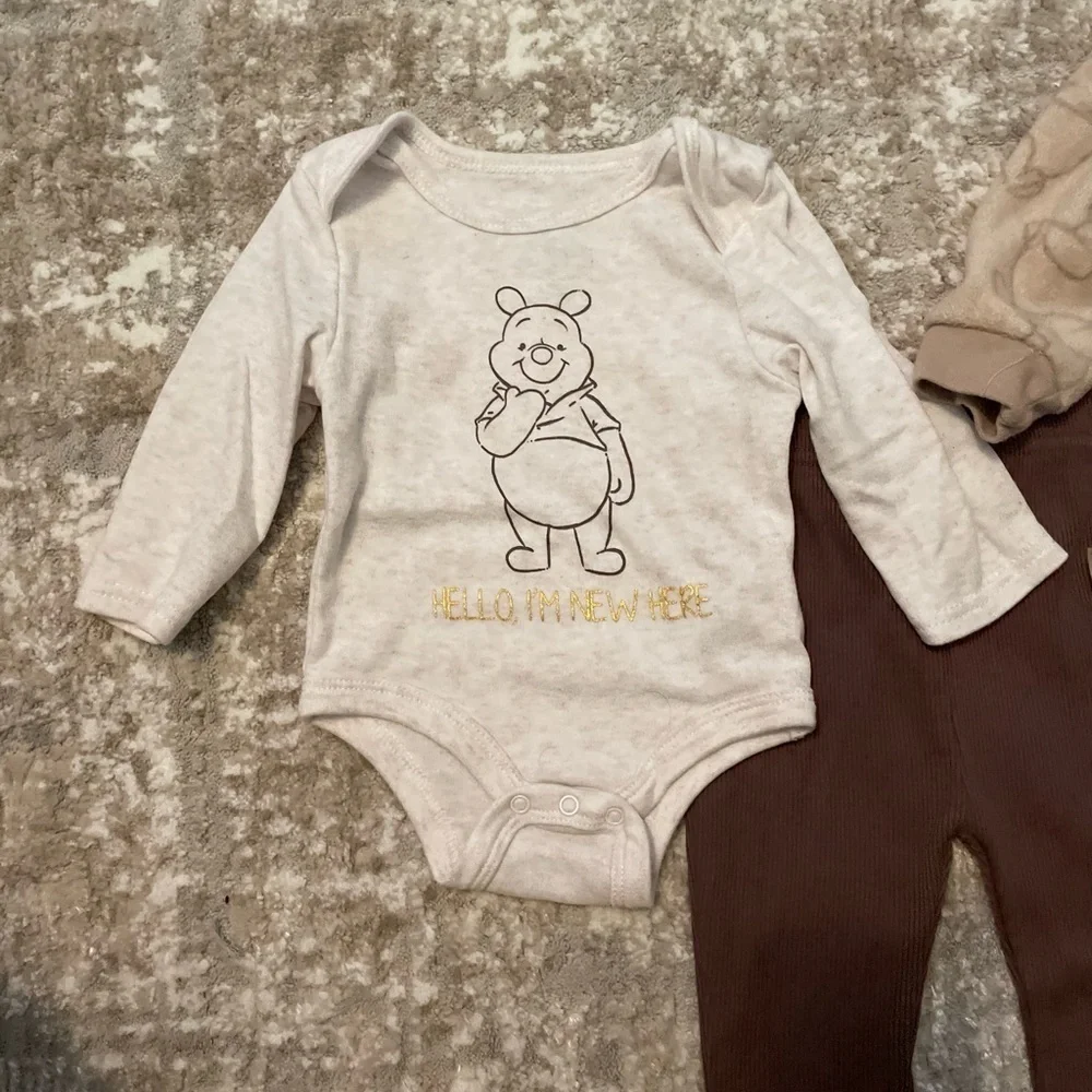 Disney Baby Winnie the Pooh 3 pc Cream and brown Matching Set size 6/9M